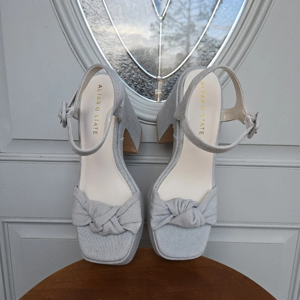 Light Blue Denim Platform Sandals with Yellow Daisy Accent